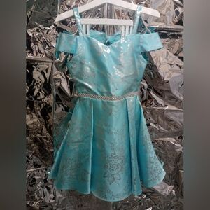 Elegant Blue Floral Dress with Silver Accents